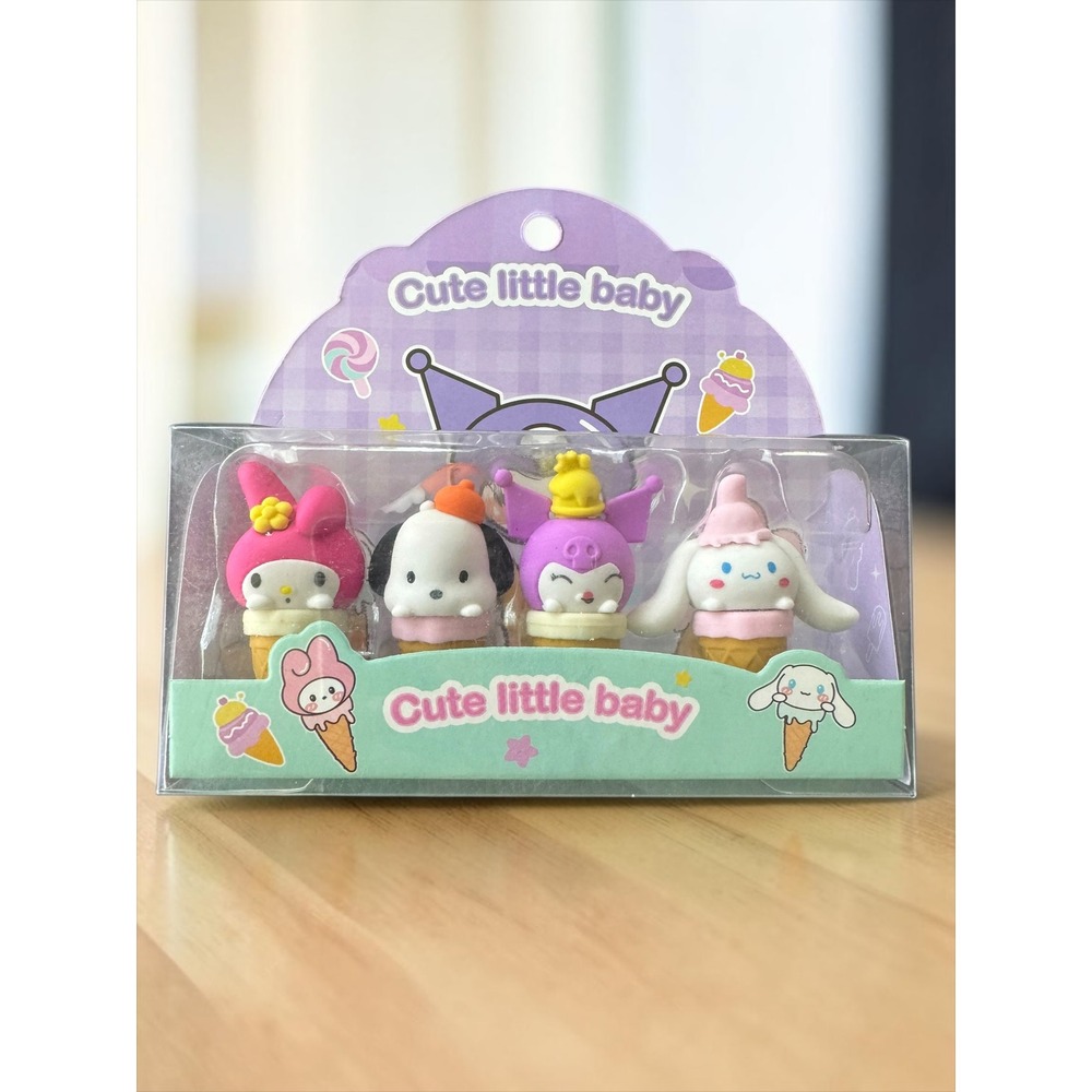 Sanrio Style Kawaii Ice Cream Cone Erasers Set My Melody Kuromi Cinnamoroll 4pc